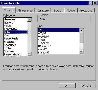 45 Formattazione delle celle 46 Formattazione delle celle Sempre attraverso il menu FORMATO è possibile definire stili di visualizzazione diversi a seconda del tipo di dato