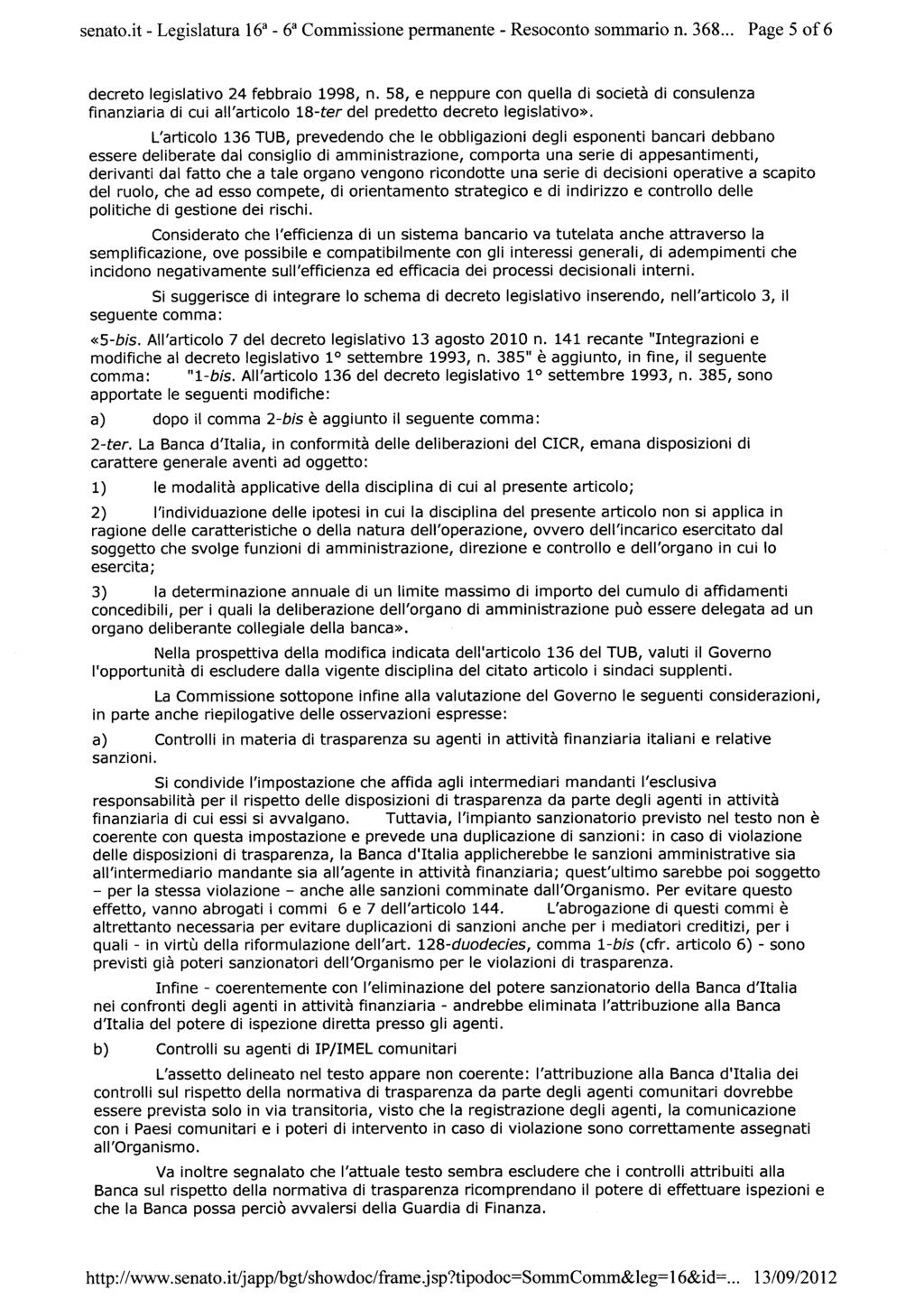 senato.it - Legislatura 16a - 6a Commissione permanente - Resoconto sommario n. 368... Page 5 of 6 decreto legislativo 24 febbraio 1998, n.