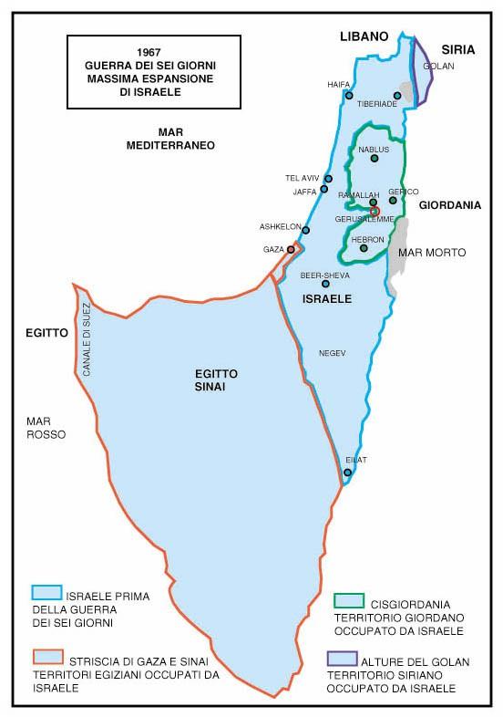 Figura 4: I territori conquistati da Israele con la Guerra dei 6 giorni del 1967 Secondo l'impostazione della ricerca di Pappe, le due narrazioni storiche ufficiali quella israeliana e quella