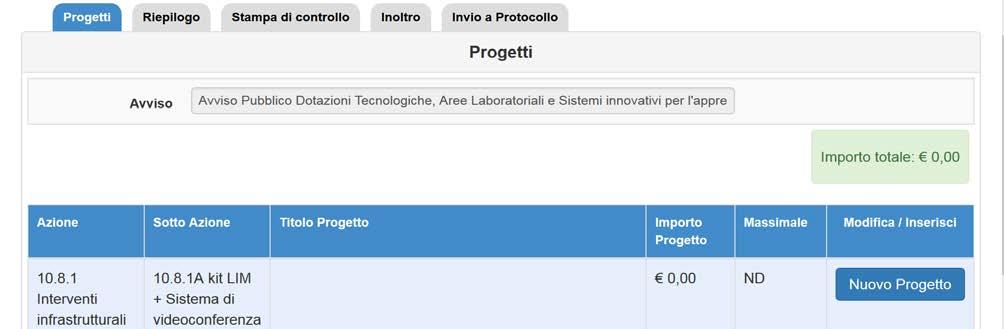 Per presentare la candidatura è sufficiente cliccare sul tasto Nuovo Progetto in corrispondenza dell