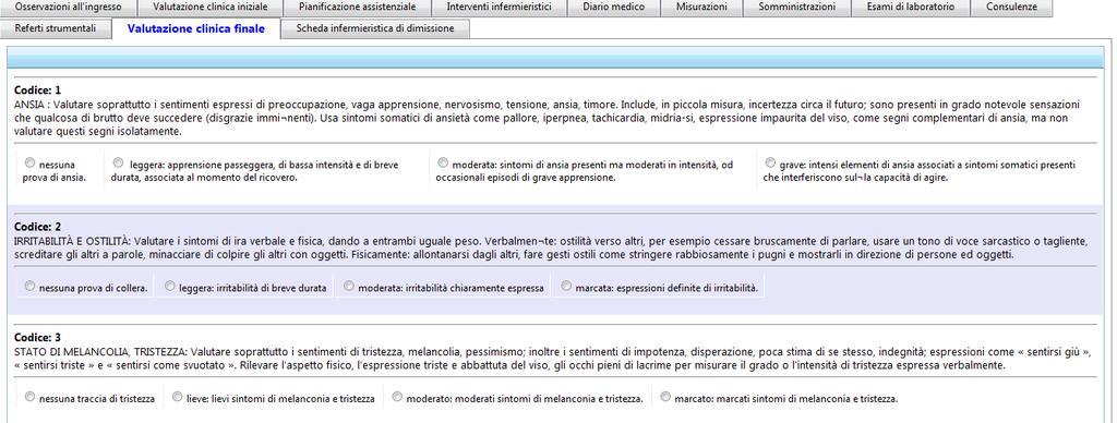 SCHEDA DI VALUTAZIONE FINALE con punteggio di valutazione alla fine del ricovero (indicatore del