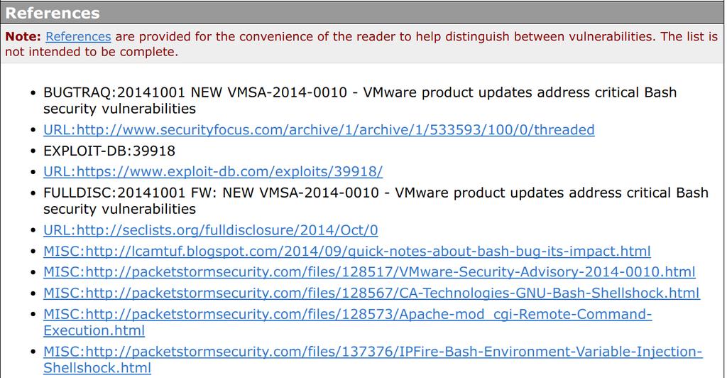 La scheda di CVE-2014-6271 (References) Un elenco di URL descrivente la vulnerabilità in maggiore dettaglio.