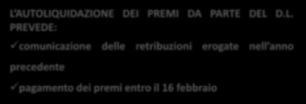 32 autoliquidazione L AUTOLIQUIDAZIONE DEI PREMI DA PARTE DEL D.L. PREVEDE: comunicazione delle retribuzioni erogate nell anno precedente pagamento dei premi entro il 16 febbraio Il D.