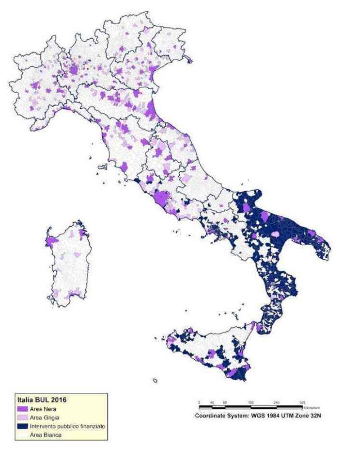 La situazione italiana Classificazione del territorio in funzione dei servizi di tlc [UE]: Aree Nere: 2+ operatori Aree Grigie: