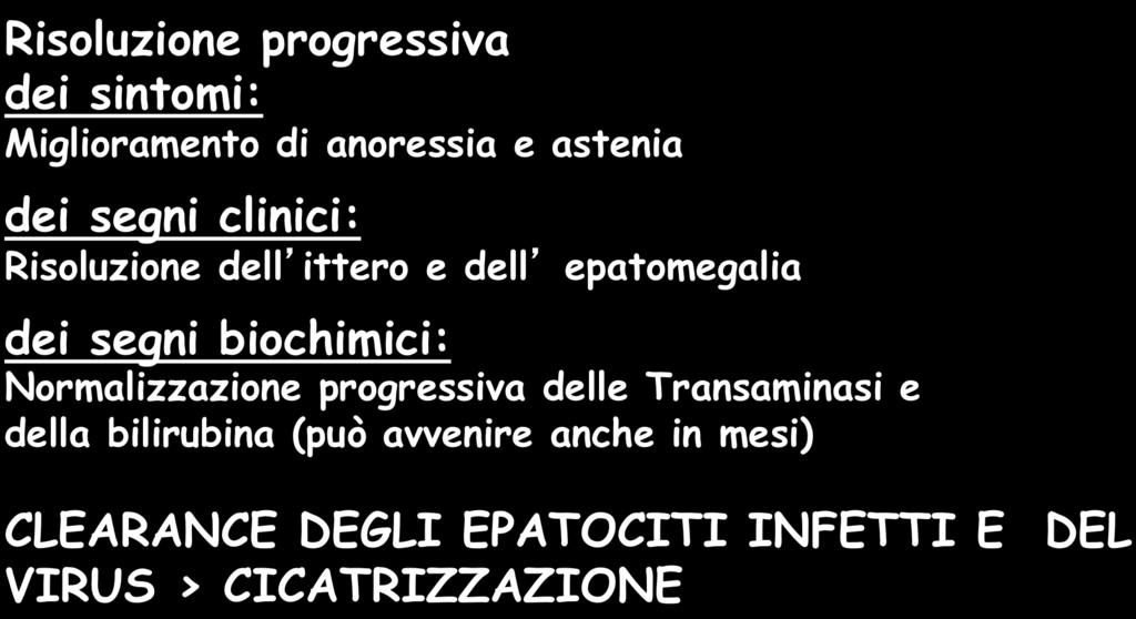 Durata della fase conclamata : epatite HAV 1-4 settimane, epatite HBV 4-8 settimane, epatite HCV mesi GUARIGIONE: Risoluzione progressiva dei sintomi: Miglioramento di anoressia e astenia dei segni