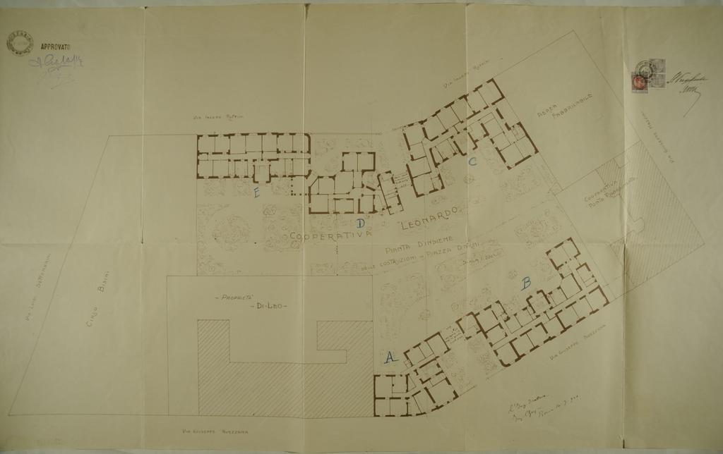 Progetto di case economiche per la Cooperativa Leonardo a Roma, progetto di massima relativo alla disposizione di cinque fabbricati sulle