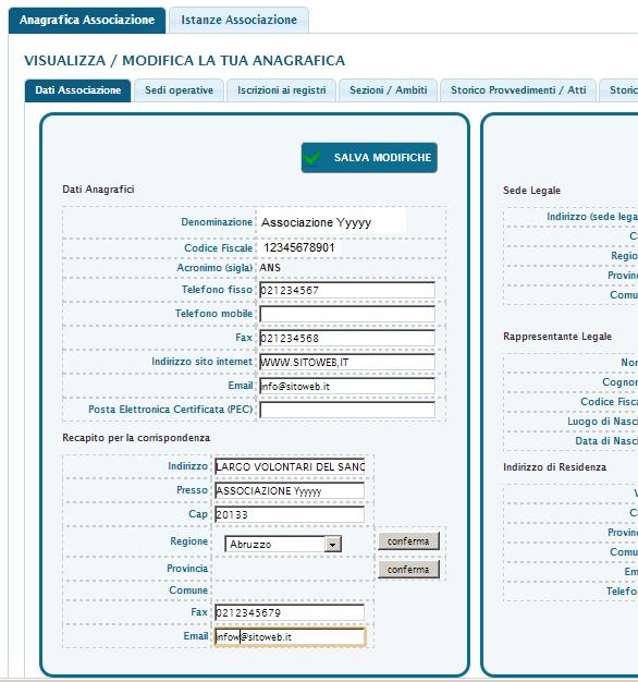 Facendo clic su una delle due linguette si accede all area relativa. 5.1 Anagrafica Associazione La Figura 7 mostra la pagina che appare quando si fa clic su Anagrafica Associazione. 5.1.1 Scheda di dettaglio 5.