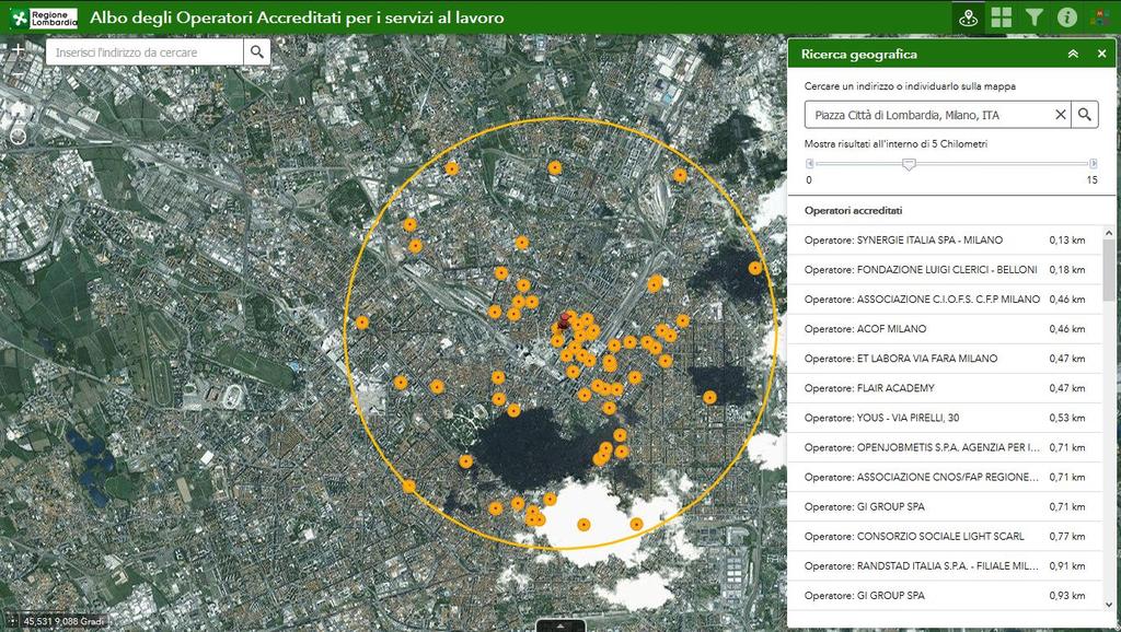 La mappa si posiziona con: al centro l indirizzo ricercato (identificato con il simbolo di una puntina rossa); un cerchio di raggio pari a quello prescelto; i punti delle sedi che ricadono all