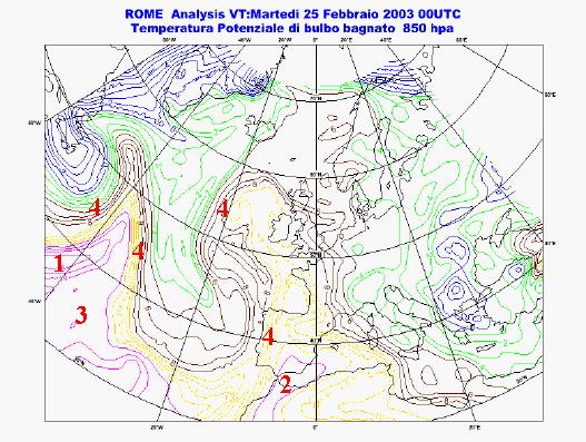 3. Temperatura potenziale di bulbo bagnato Le isoplete di theta-w alla topografia di 850 hpa possono aiutare a migliorare l'analisi sinottica frontale e delle masse d'aria caratteristiche dei livelli