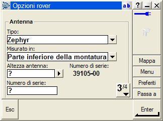 Vengono mostrati, qui, i dati relativi all antenna GPS in Suo possesso, pertanto: Nel campo Tipo indicare il tipo di antenna che si possiede: Zephyr, per il ricevitore Trimble 5700; R8/5800/SPS780