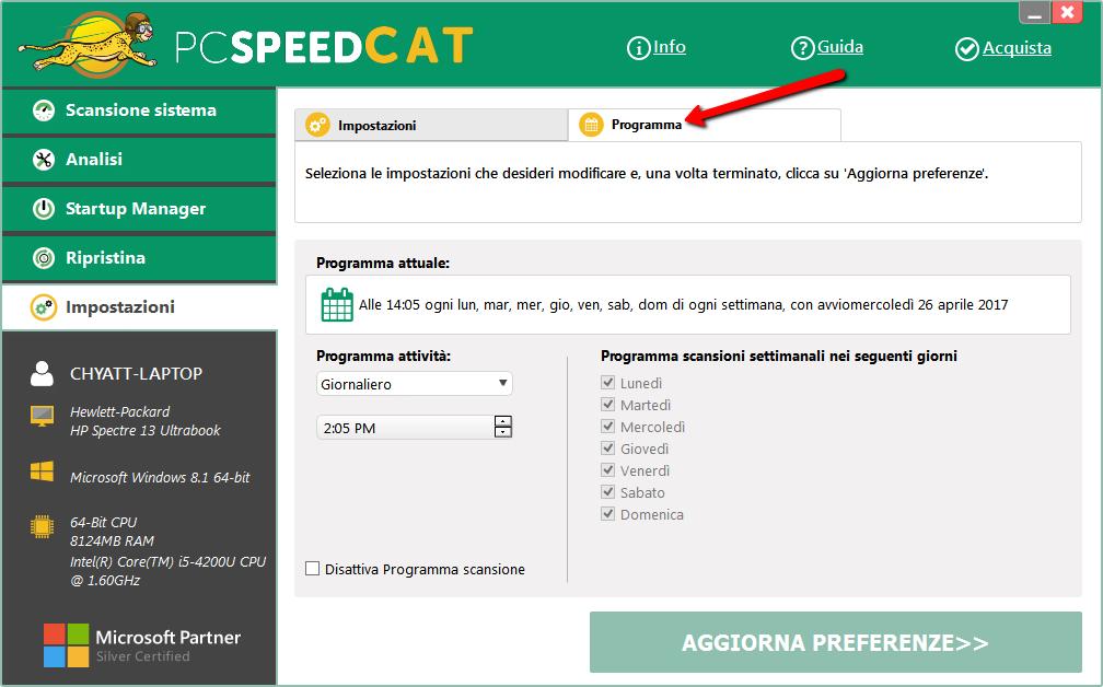 Di seguito, esaminiamo il tab Programmazione, in alto: Qui, puoi impostare PC SpeedCAT per effettuare scansioni regolari, per mantenere il tuo computer sempre in ordine.