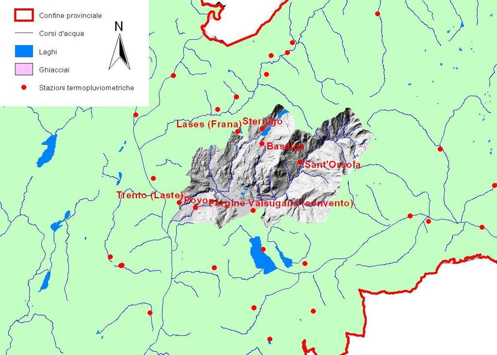 7.3.5. Pluviometria In mappa si rappresenta l ubicazione delle stazioni termopluviometriche da cui si sono ricavati i dati pluviometrici per il bacino. Figura 44.