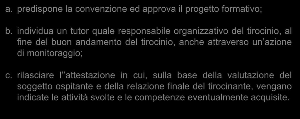 COMPITI DEL SOGGETTO PROMOTORE a. predispone la convenzione ed approva il progetto formativo; b.