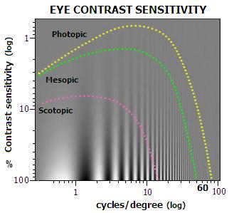 La curva di sensibilità al contrasto La linea gialla (fotopica) rappresenta la curva di sensibilità in condizioni di buona illuminazione.