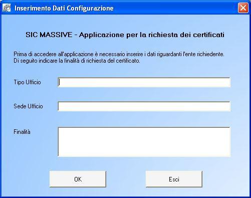 3. Primo lancio dell applicazione La prima volta che verrà utilizzata l applicazione, all avvio apparirà una finestra dove l utente inserirà i dati riguardanti il tipo di ufficio che effettua la