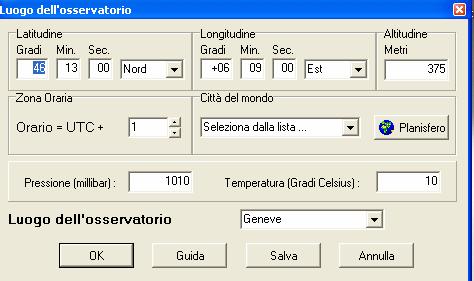 Definisci la posizione del punto di osservazione per permettere il calcolo della parallasse e la posizione azimutale.