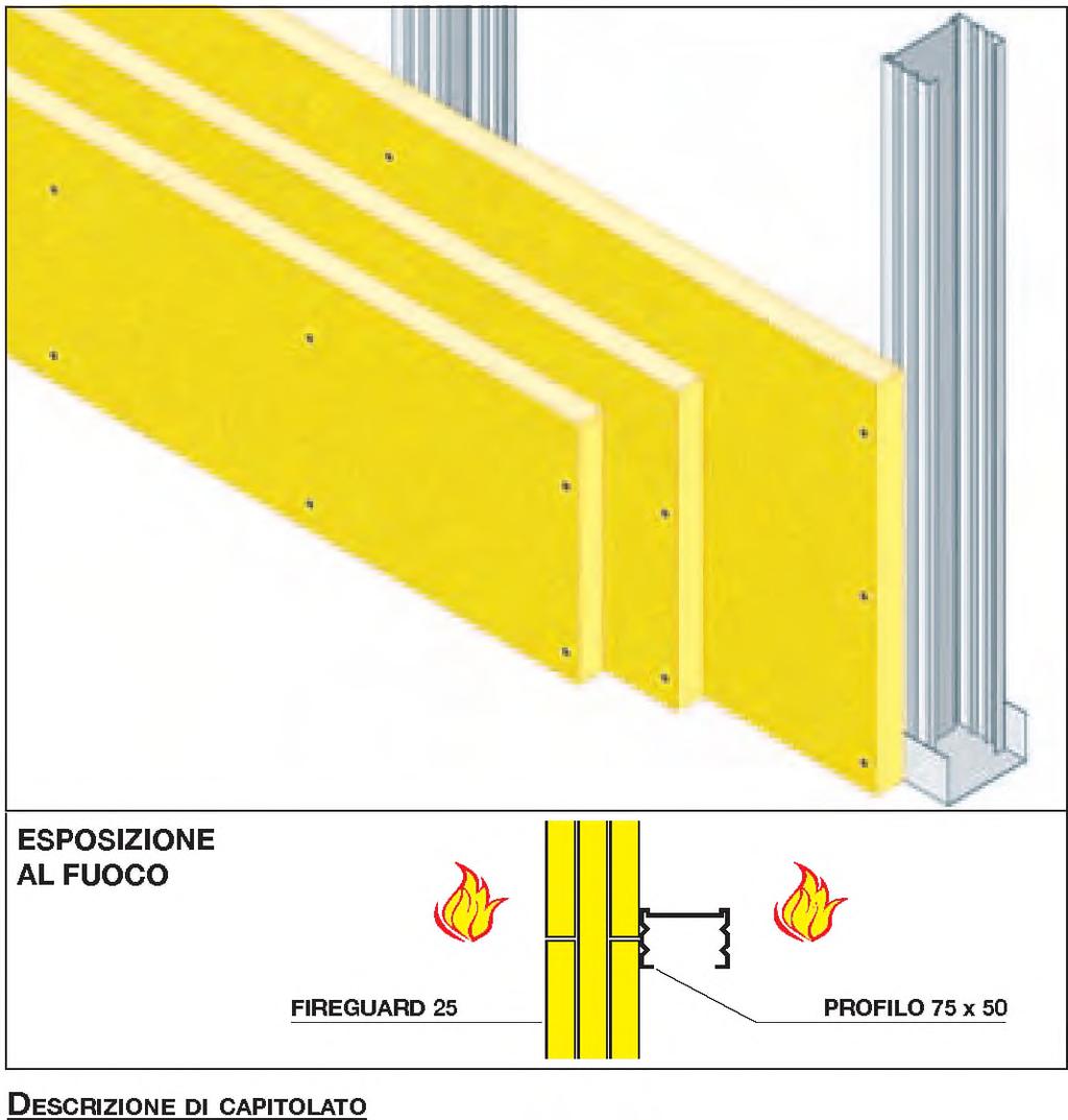 COMPARTIMENTAZIONI VERTICALI SETTI R E S IS TE N Z A A L F U O C O : EI 180 Orditura metallica: profili montanti verticali a C 75x50x0,6 mm interasse 550 mm Rivestimento protettivo: lastre FIREGUARD