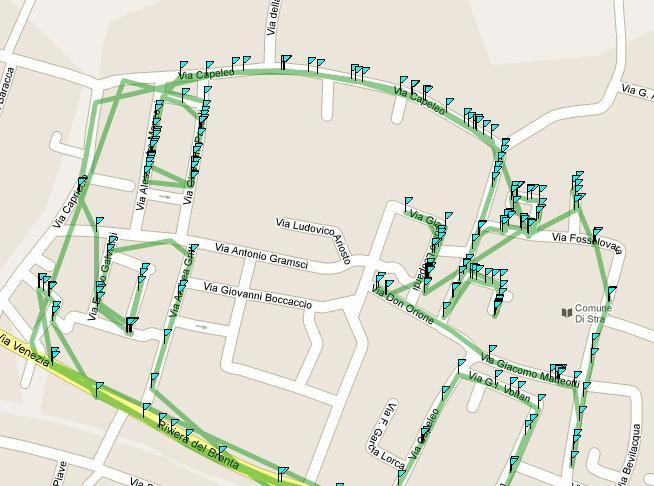 Moduli applicativi: Verifica itinerari su Mappa Gli itinerari di ogni veicolo ed ogni attività vengono georeferenziati su mappa satellitare,