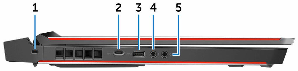 Sinistra 1 Slot per cavo di sicurezza (per dispositivi di blocco Noble) Collegare un cavo di sicurezza per evitare movimenti non autorizzati del computer. 2 Porta USB 3.