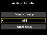 d-c WPS d Connessione tramite WPS 1. Selezionare WPS. 2. Premere il pulsante OK. 3. Selezionare Metodo pulsante (Push button method). 4. Premere il pulsante OK. 5. Premere il pulsante OK. 6.