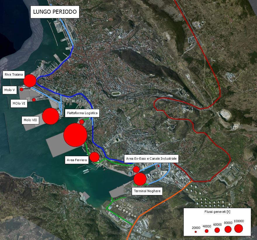 FIGURA 9-9 FLUSSI GENERATI DALLA MOVIMENTAZIONE DELLE MERCI PORTUALI [TONNELLATE/ANNO] CONFIGURAZIONE DI PIANO A partire da tali dati, e secondo la metodologia illustrata nel paragrafo 6.