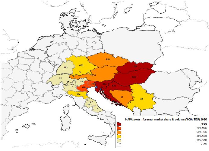 FIGURA 5-10 TRAFFICO DI PREVISIONE CONTAINER VOLUMI AL 2030 5.4. Le previsioni di Piano del porto di Trieste La posizione del porto di Trieste, come illustrato nel paragrafo 5.