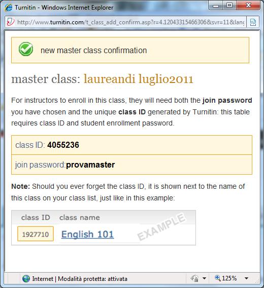 Come per la standard class, apparirà il pop-up con class ID e la password da fornire ai tutor in modo che possano registrarsi e, creando una