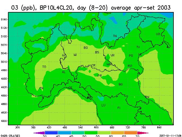 Figura 40 - Concentrazioni medie di biossido di azoto (NO 2 ) nel semestre invernale ottobre 2003 marzo 2004 nel bacino padano adriatico.