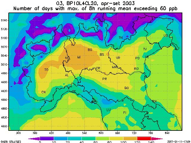 Figura 41 - Concentrazioni di ozono (O 3 ) nel bacino padano adriatico: medie diurne (fascia oraria 8 20) del semestre estivo aprile settembre 2003.