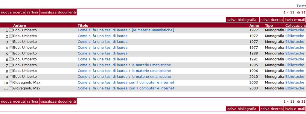 Dalla lista dei risultati puoi: Lo Spazio personale Salvare i titoli di interesse dopo averli selezionati Inviare via mail tutta o parte della lista