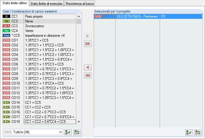 RFEM. Cliccare il pulsante [ ] per trasferire le voci selezionate nella lista a destra Selezionati per il progetto. È anche possibile fare doppio clic sugli elementi.