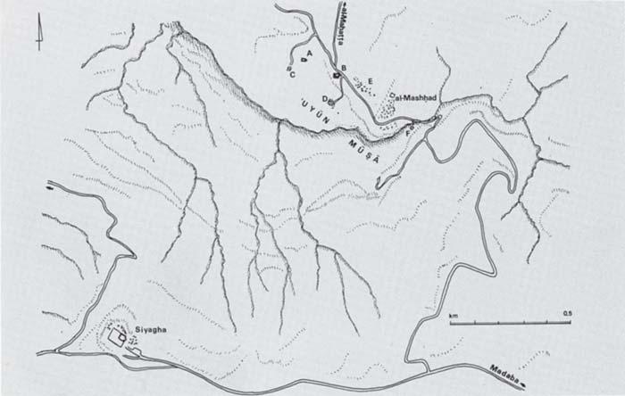 Schizzo topografico delle Uyun Musa a nord del monte Nebo-Siyagha: A. Chiesa di Kaianos; B.