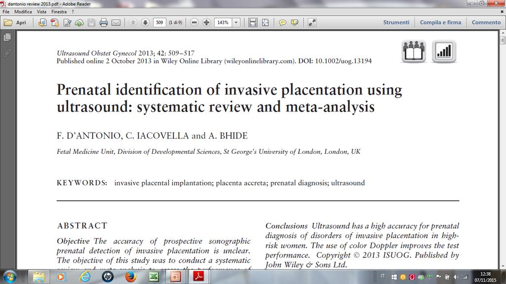 23 STUDI 3707 PAZIENTI Overall performance of ultrasound for the antenatal detection of