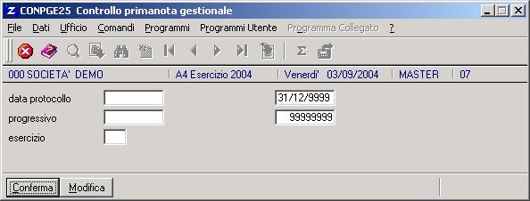 data protocollo: progressivo: esercizio: indicare la data di inizio/fine selezione dei movimenti transitori, per cui si vuole ottenere la stampa/visualizzazione; con invio sui due campi vengono