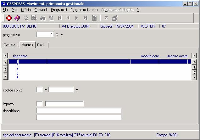 tipo conto: codice conto: importo: descrizione: inserire nel campo il codice sottoconto da movimentare C per cliente, F per fornitore e M per mastro.