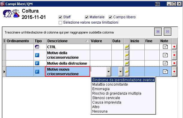 Figura 45: Terapia Coltura Campi QM Ecografia (PREG_ECHOGRAPHY, PREG_GEST_SACS_NB) Shcg (default) (1) Default (se nessuna delle successive è selezionata) Amniotica (2) Cavità intrauterine e