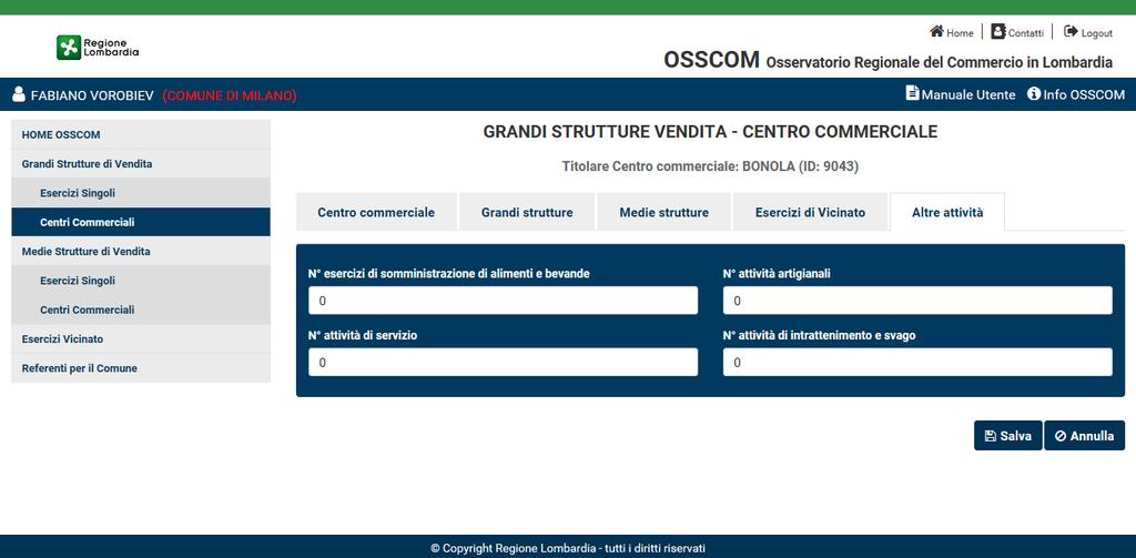 Figura 18 GSV - Centro Commerciale tab Altre attività I pulsanti e funzioneranno con le stesse modalità descritte per il tab 5.