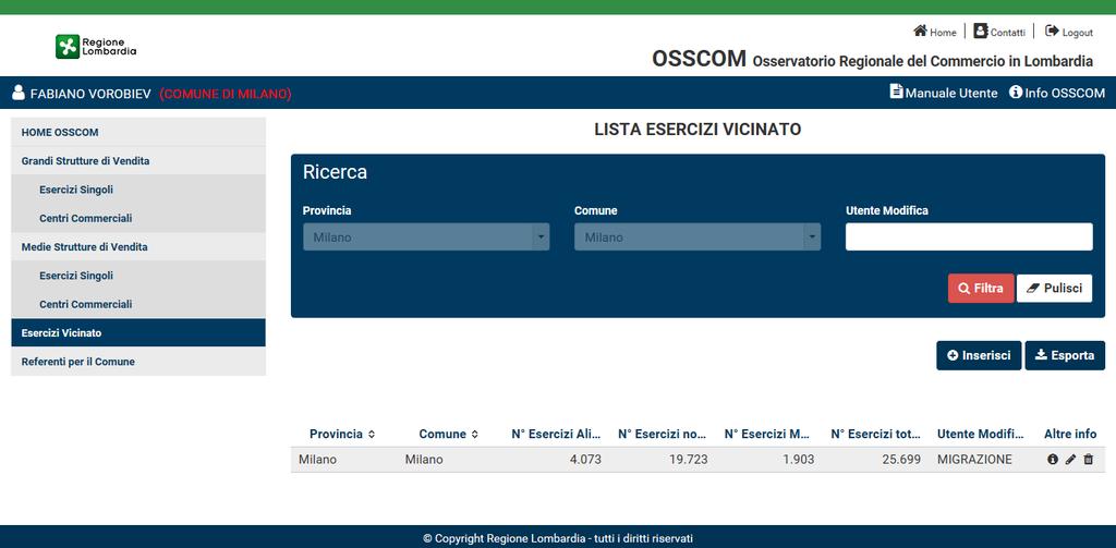 6. Esercizi di Vicinato Verranno visualizzati solamente gli esercizi di vicinato afferenti al proprio comune di appartenenza.