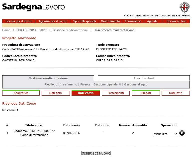 Figura 18: Dati corsi di formazione: Riepilogo corsi di formazione Per ogni record è presente un menu che permette le seguenti operazioni: Visualizza : consente di visualizzare i dati del corso