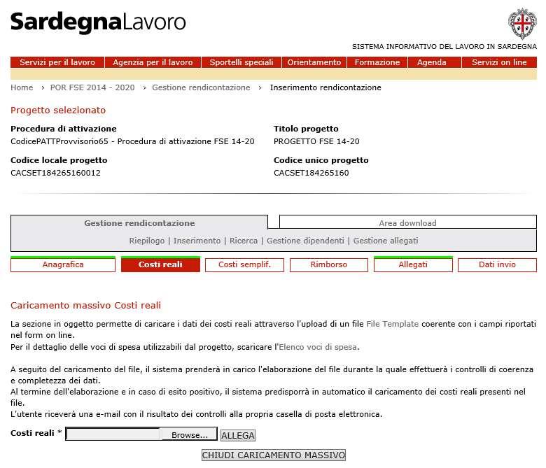 2.3.9.2 Caricamento massivo Allegato 4 La funzionalità in oggetto consente di caricare massivamente le voci di spesa dell allegato 4 resenti per il progetto.