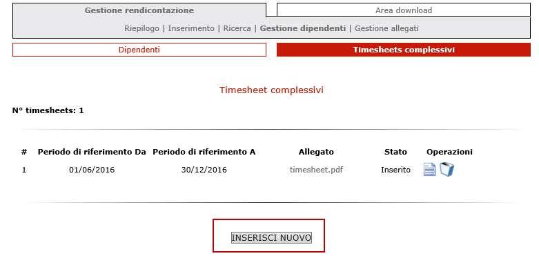 Per accedere alla sezione è necessario che l Utente, dopo aver selezionato il link Gestione Dipendenti, selezioni il link Timesheets complessivi, posto nel menù orizzontale, così evidenziato in rosso