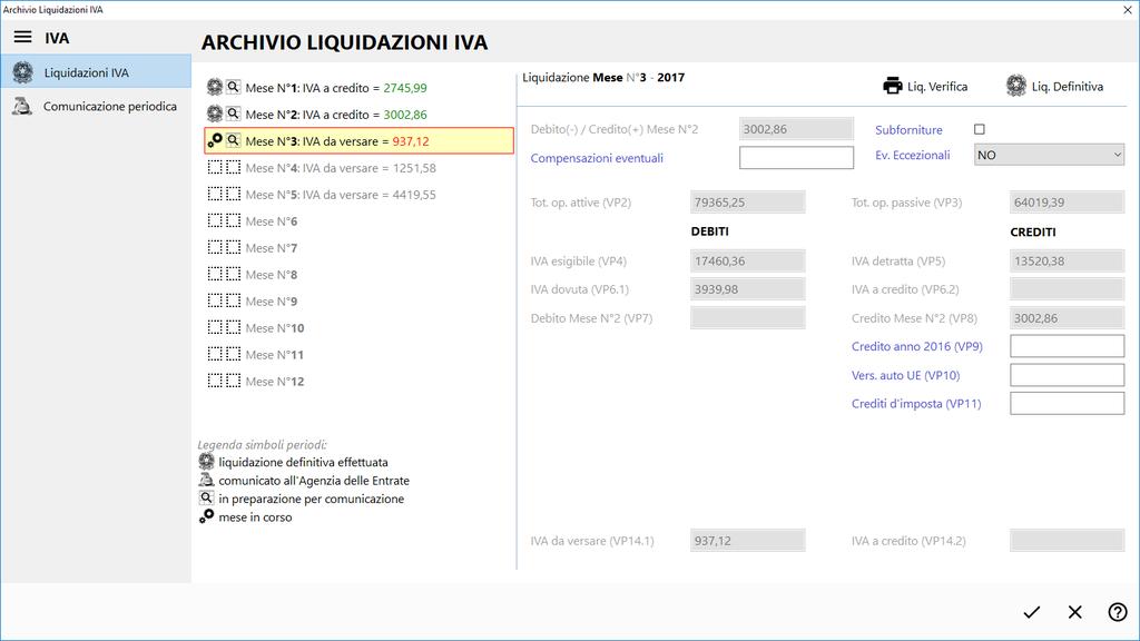 Dalla voce Liquidazioni IVA si effettuano tutte le operazioni legate a questa problematica: immissione del credito iva anno precedente (se primo mese/trimestre), gestione delle compensazioni,