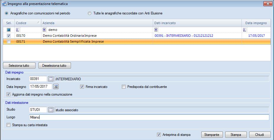 Impegno alla presentazione: consente di eseguire la stampa dell impegno alla presentazione telematica edi aggiornare in modo massivo i dati dell impegno all interno del frontespizio delle singole