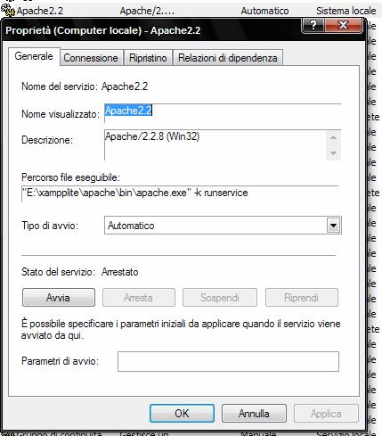 dove il,impostato per default, risulta : "E:\xampplite\apache\bin\apache.exe" -k runservice In questo modo il servizio Apache ed il servizio MySql sono stati installati correttamente.