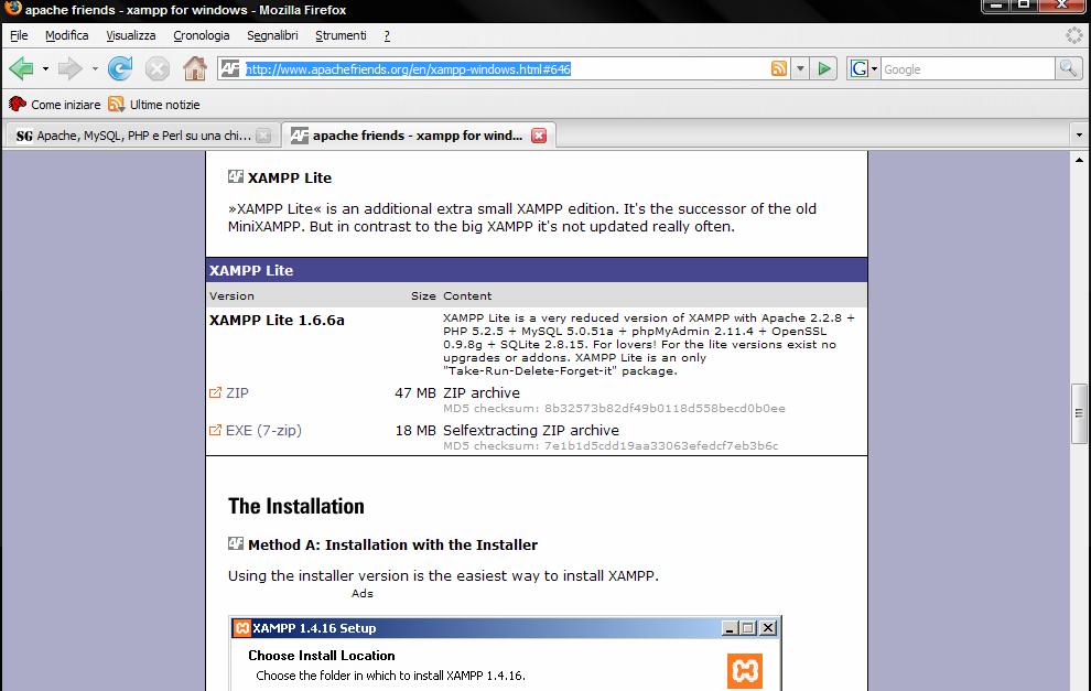 Download Scorrere la pagina fino a XAMPP Lite della sezione : Cliccare su per prelevare la versione di XAMPPlite