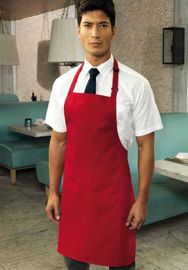 268 PR150 Colour Bib Apron Grembiule con pettorina regolabile in tessuto. 65% poliestere 35% cotone twill. Lavabile a 60 in lavatrice domestica, e 85 in lavatrice industriale.