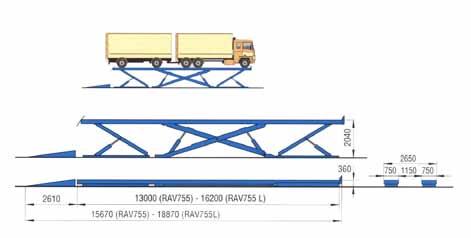 Pedane da 13.000 mm RAV-755 SOLLEVATORE Elettroidraulico portata 55 Ton. pedane da 13.000 mm. RAV-755L SOLLEVATORE Elettroidraulico portata 55 Ton.