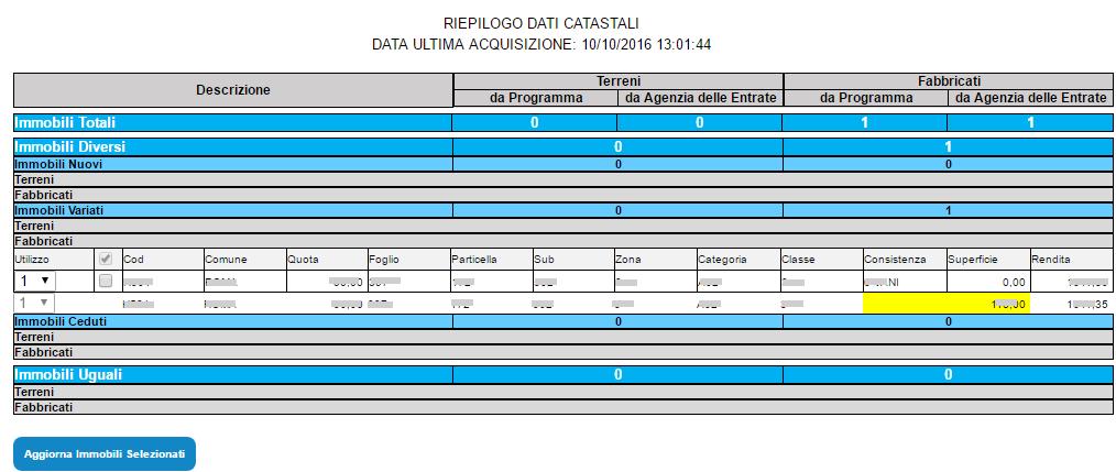 sezioni: Immobili Nuovi: in questa sezione sono riportati i dati catastali degli immobili del contribuente presenti nel sistema SISTER.