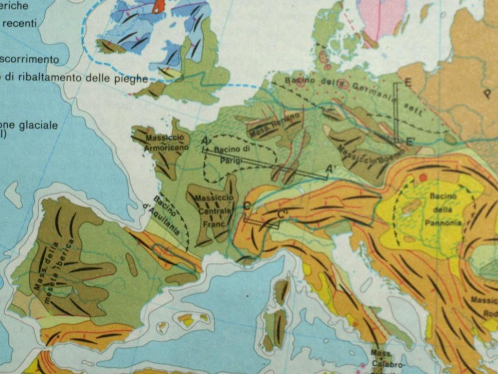 I rilievi testimoni della catena montuosa formatasi durante l orogenesi ercinica, tra 350 e 300 milioni di anni fa nell Europa occidentale e centrale: MI = Meseta Iberica; Ch =