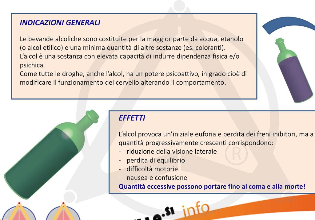 ALCOL INDICAZIONI GENERALI Le bevande alcoliche sono costituite per la maggior parte da acqua, etanolo (o alcol etilico) e una minima quantità di altre sostanze (es. coloranti).